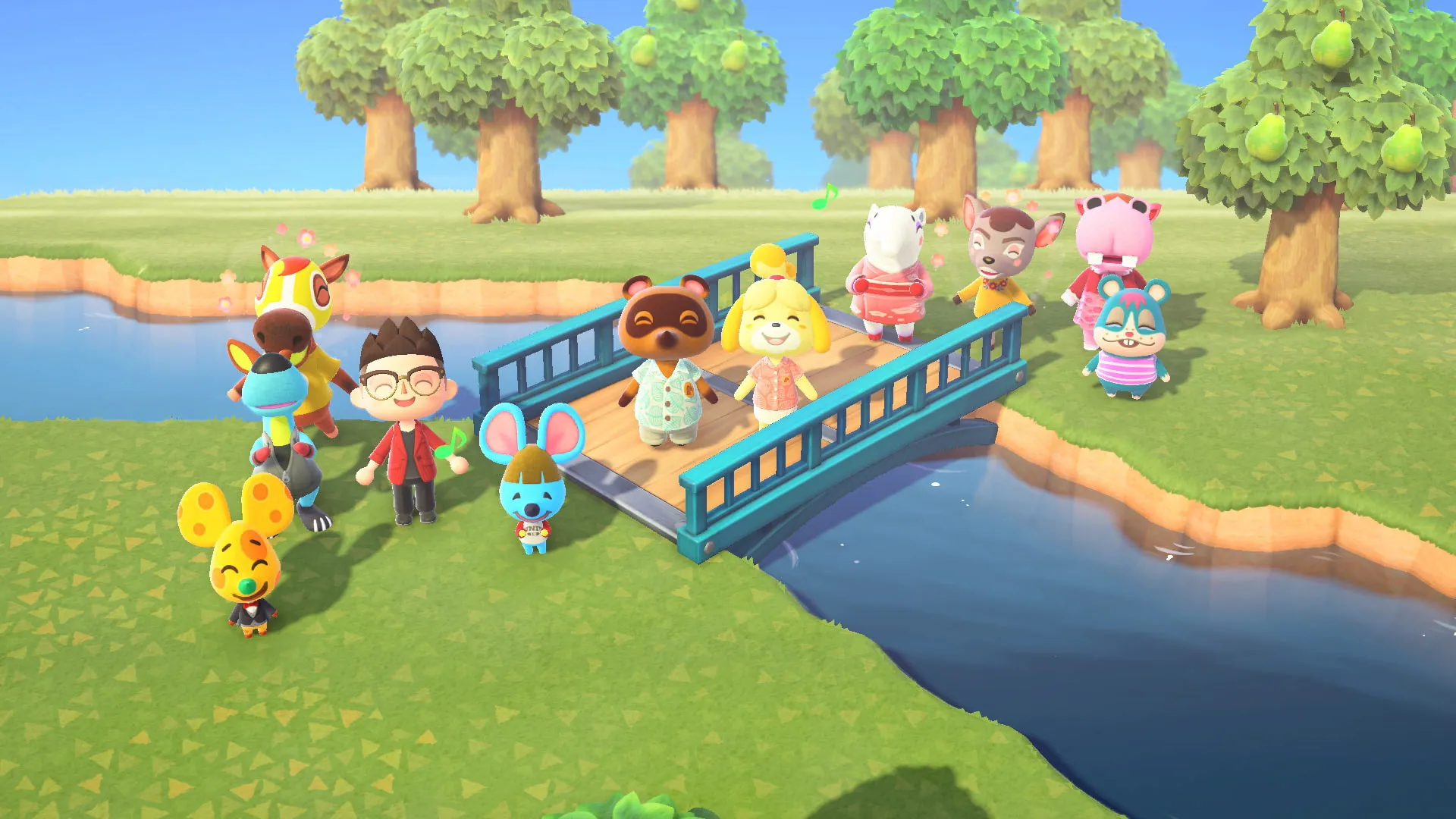Un groupe de villageois avec un joueur dans Animal Crossing : New Horizons