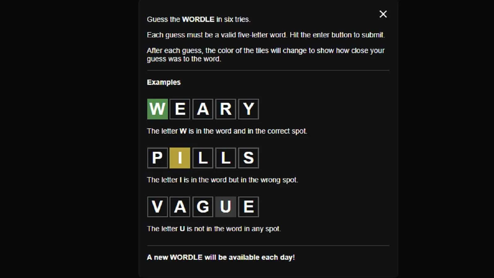captura de pantalla de reglas que te ayudarán a adivinar la palabra del día