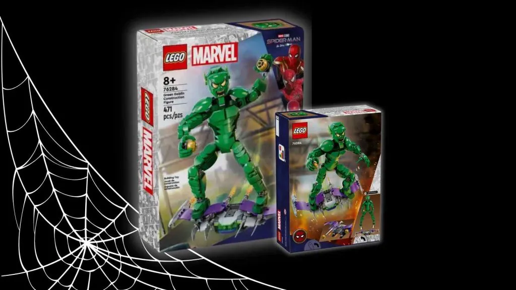 거미줄 그래픽이 있는 검정색 배경의 LEGO Marvel Green Goblin