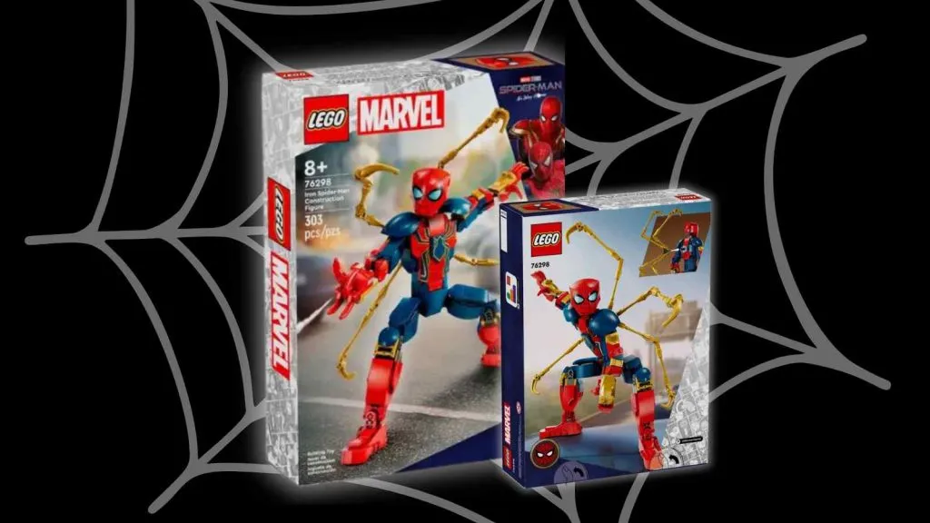 Das LEGO Marvel Iron Spider-Man Konstruktionsfiguren-Set auf schwarzem Hintergrund mit Spinnennetz-Grafik
