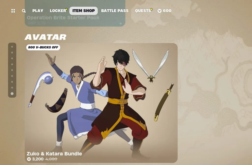 Loja de itens Fortnite com skins de Avatar: O Último Mestre do Ar.