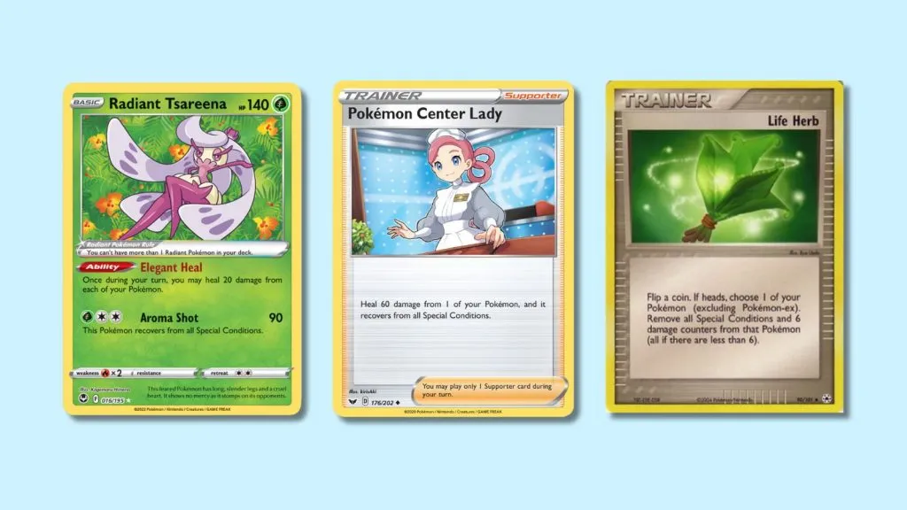 Radiant Tsareena (016/195), Pokemon Center Lady (176/202) et Life Herb (90/101).