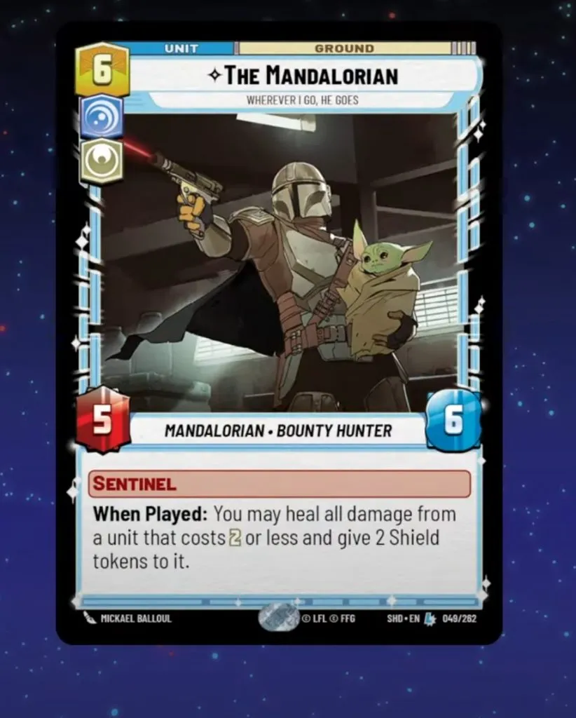 O cartão da Unidade Mandaloriana em Star Wars Unlimited