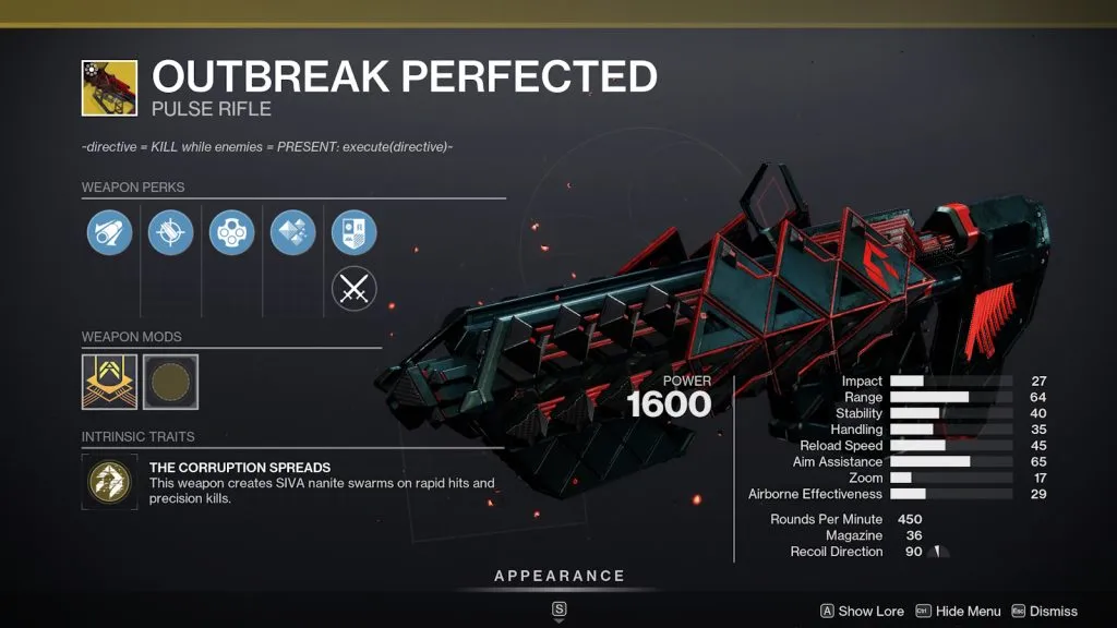 Der alte Perk-Pool von Outbreak Perfected in Destiny 2.