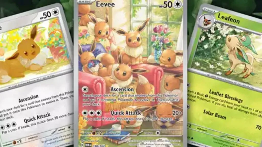 Widoczne są trzy karty Pokemonów, dwie skupiają się na Eevee, a ta po prawej stronie skupia się na Leafeonie