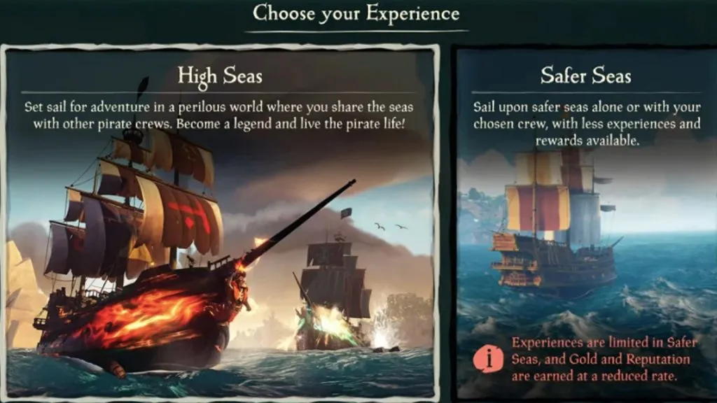 Une image du mode Safer Seas dans le menu Sea of ​​Thieves.