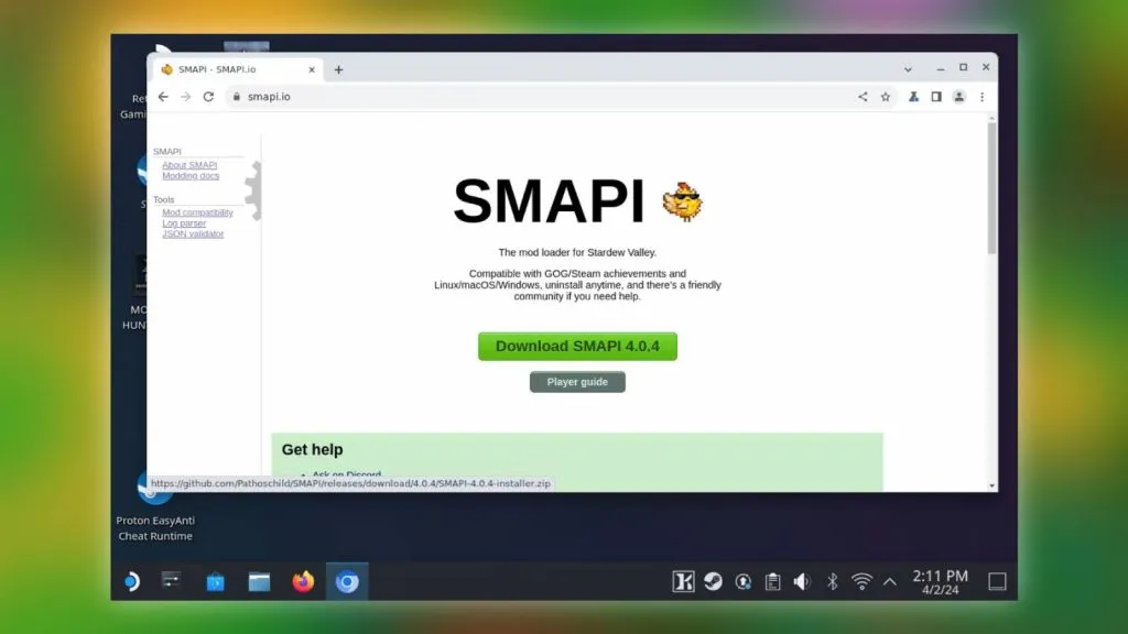 Ein Screenshot der SMAPI-Website, die im Desktopmodus auf dem Steam Deck läuft, auf einem unscharfen Bild aus Stardew Valley.