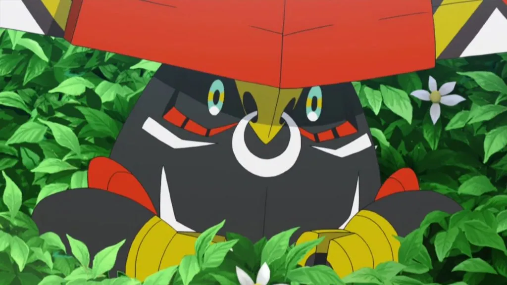Tapu Bulu siedzący na drzewie w anime Pokemon Sun and Moon.