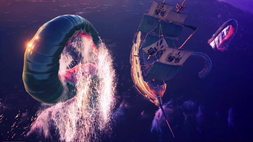 Obraz rozgrywki w Sea of ​​Thieves przedstawiający Krakena atakującego statek.