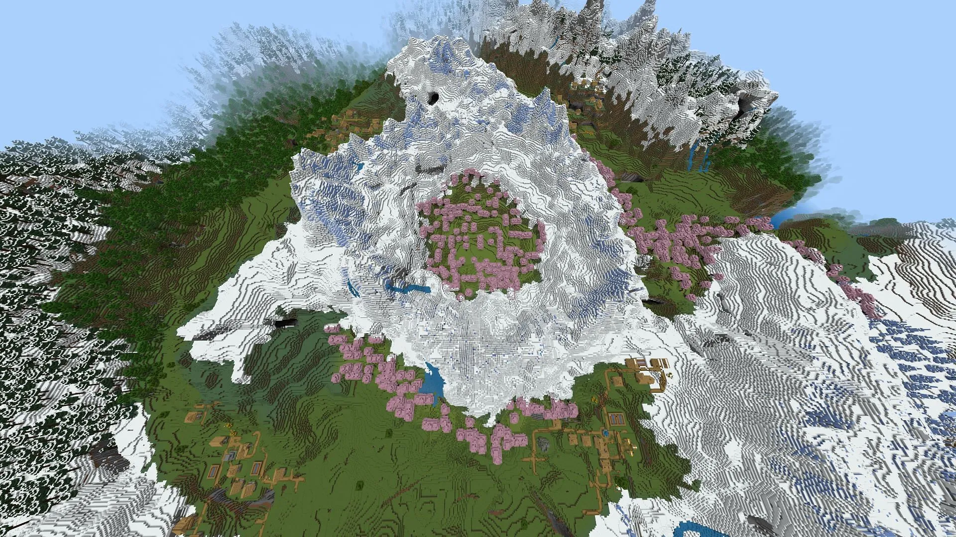 Quatro vilas e um bosque de cerejeiras devem servir bem aos fãs de Minecraft (Imagem via Mojang)