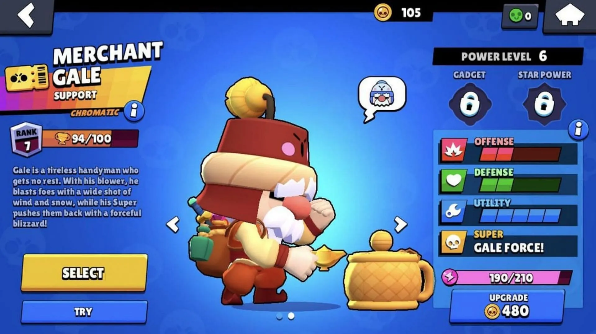 Gale é um lutador épico com saúde moderada (Imagem via Supercell)