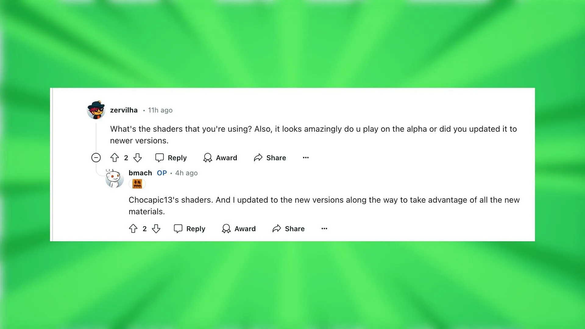 Les gens ont demandé quels shaders étaient utilisés (Image via Reddit/bmach)