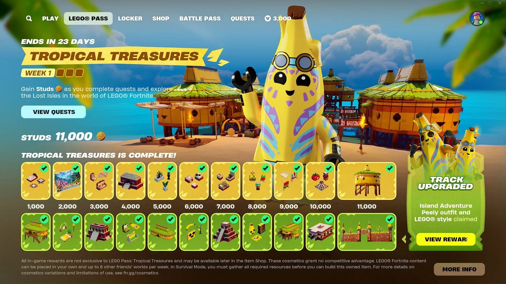 Schließe den LEGO Fortnite Tropical Treasures Pass ab (Bild über Epic Games)