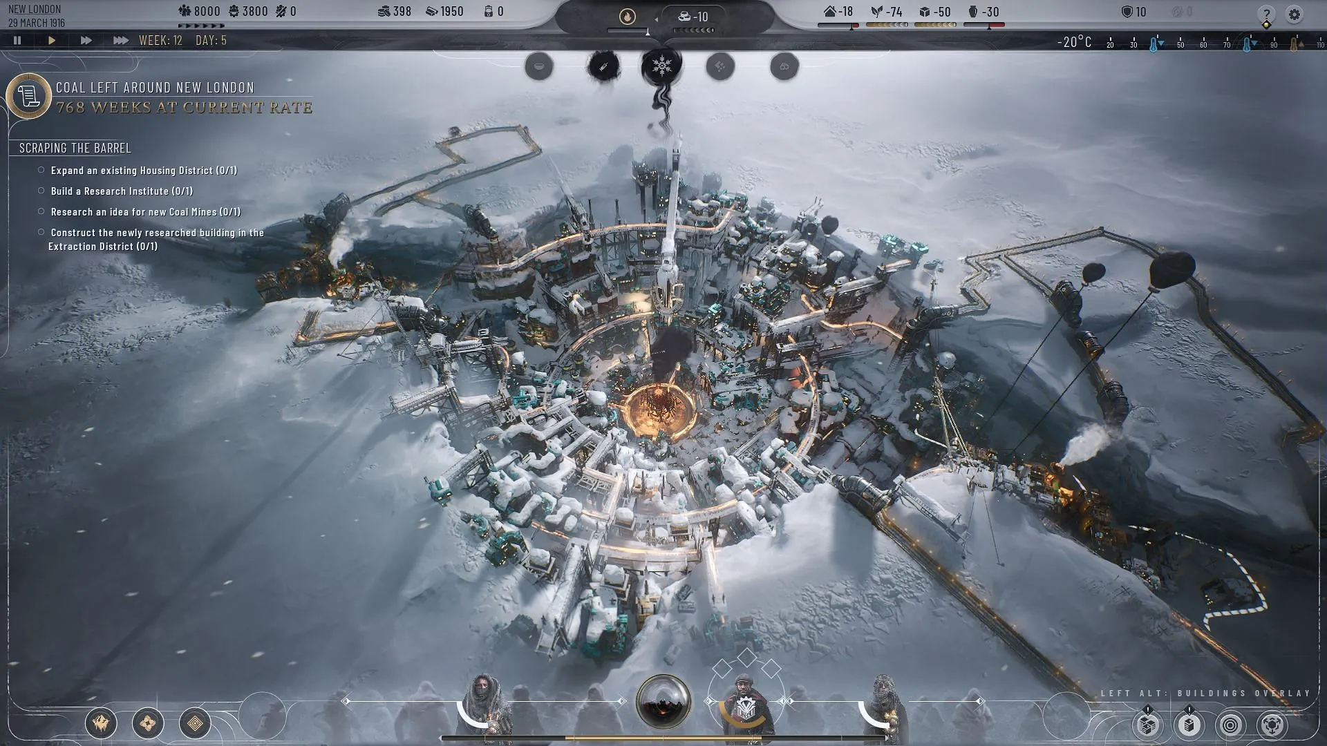 《Frostpunk 2》中減少熱需求以對抗寒冷。