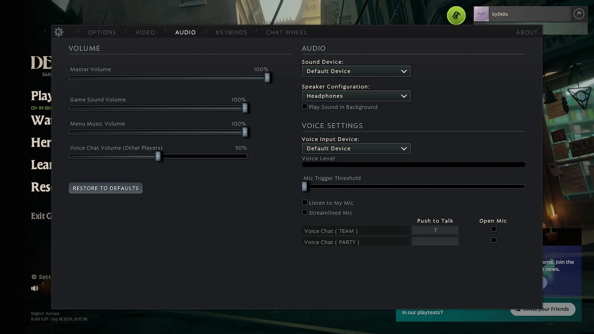 Menú de configuración de audio de Deadlock (imagen vía Valve)