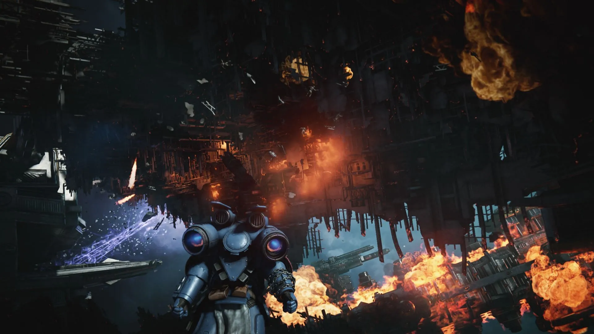 Navigate the debris and land safely to get to the next part of the Dawn’s Descent Campaign Mission in Warhammer 40k: Space Marine 2 (Image via Focus Entertainment)