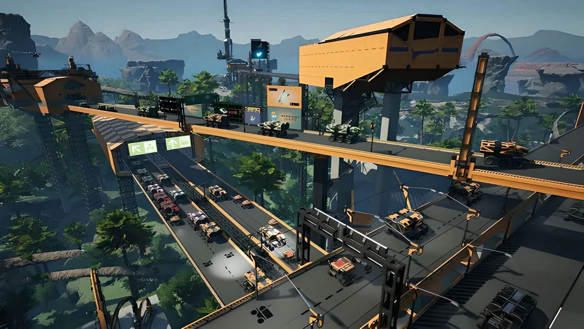 Final steps of setting up a rail network in Satisfactory (Image via Coffee Stain Studios)