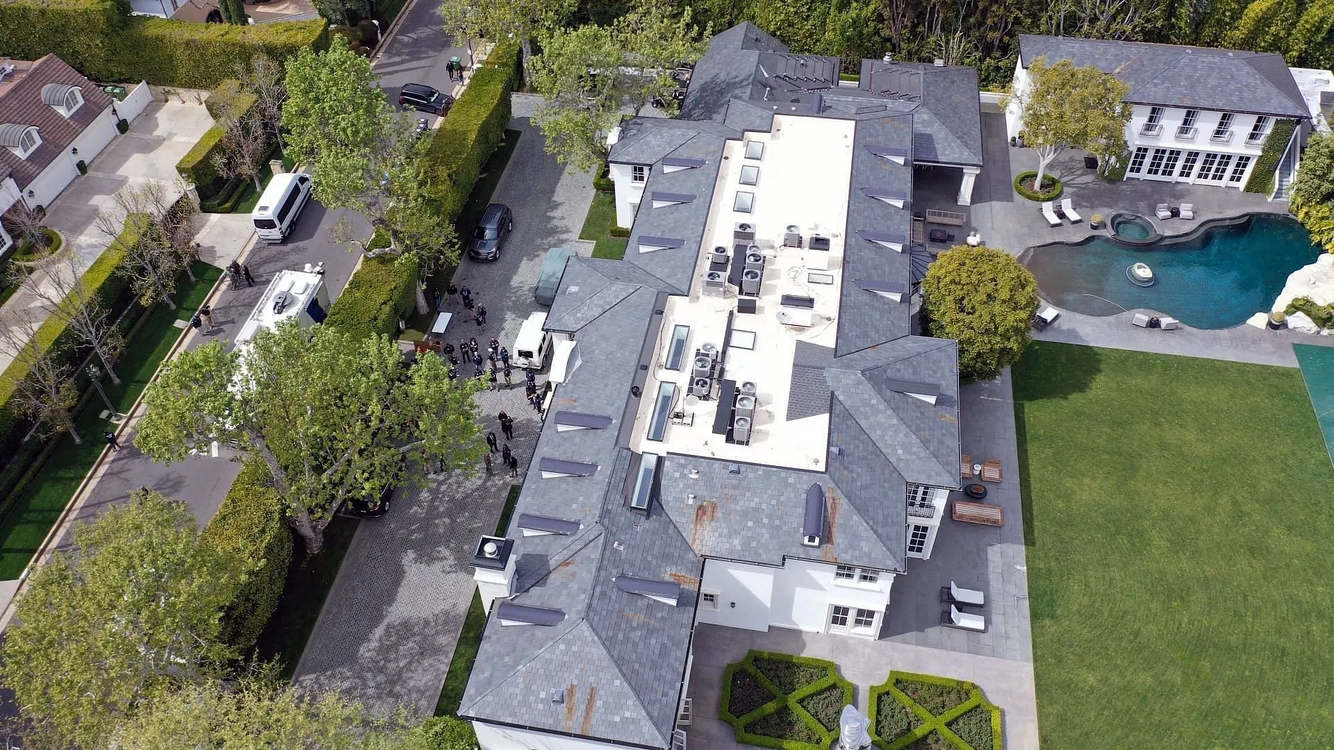 In an aerial view, the home of Sean 'Diddy' Combs is seen during a raid by federal law enforcement agents on March 25, 2024 in Los Angeles, California. (Photo by MEGA/GC Images)