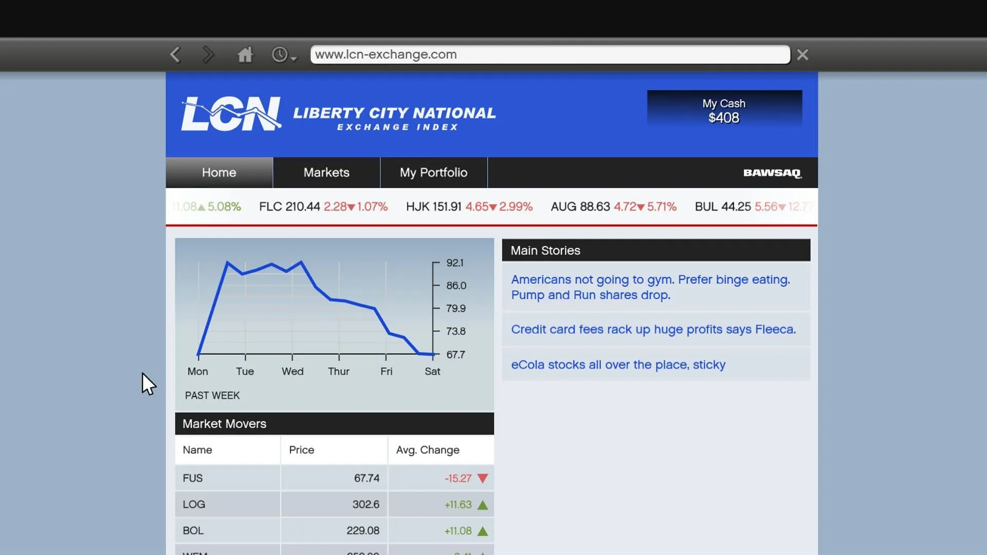 The front page of the Liberty City National Exchange stock market in Grand Theft Auto 5 (Image via Rockstar Games)