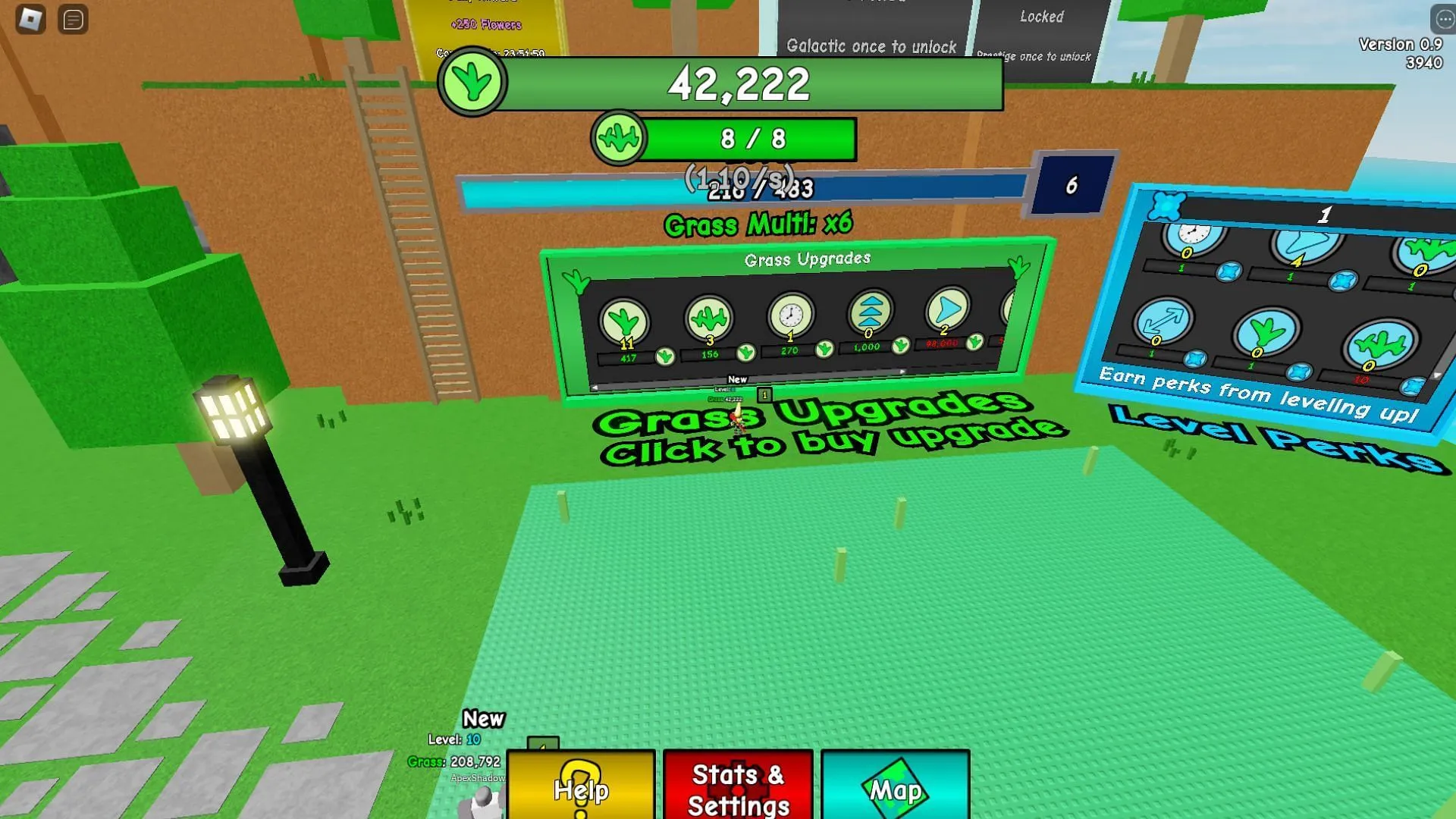 Compre melhorias de grama cortando gramas (Imagem via Roblox)