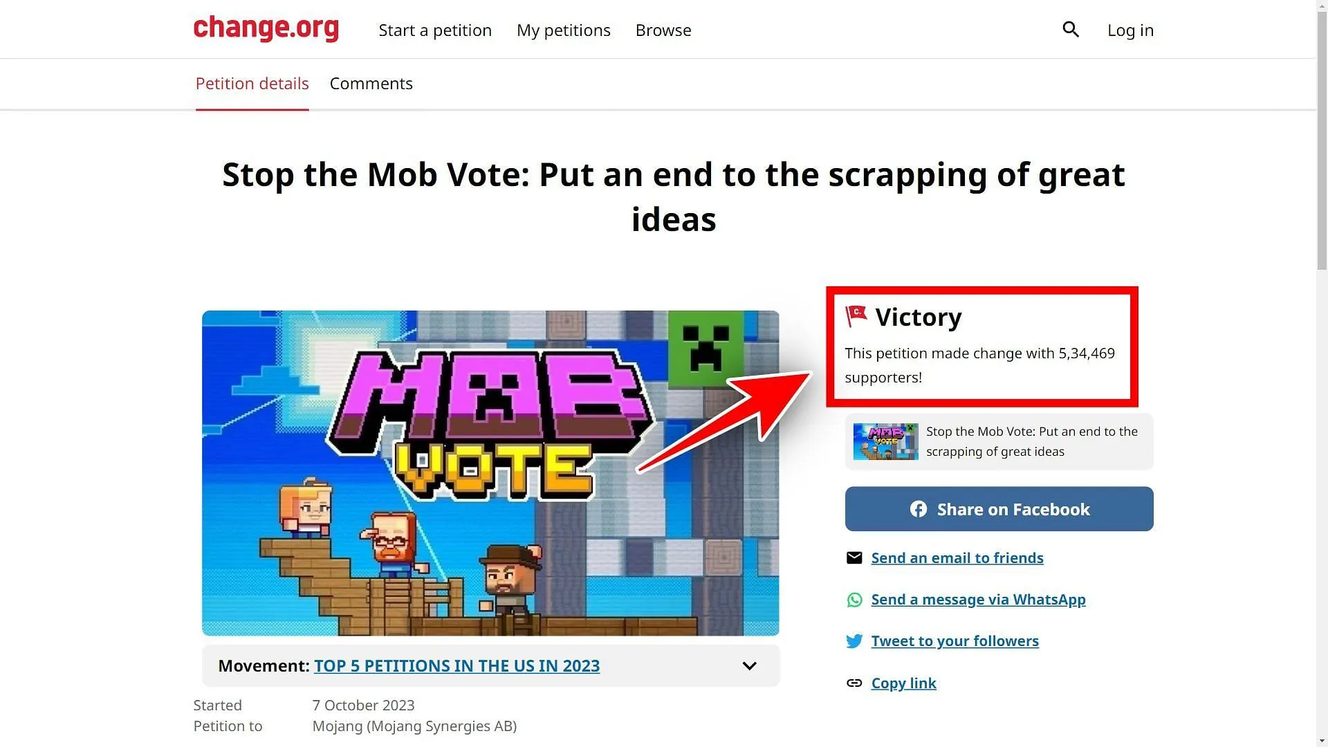 Over 5 million people voted against the mob vote competition in October 2023 (Image via Change.org)