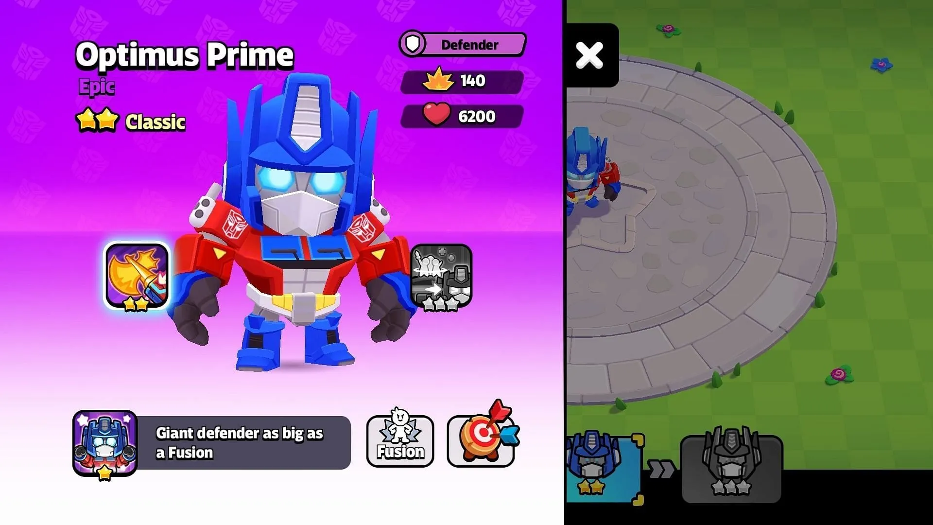 Statistiques de Squad Busters Optimus Prime (Image via Supercell)