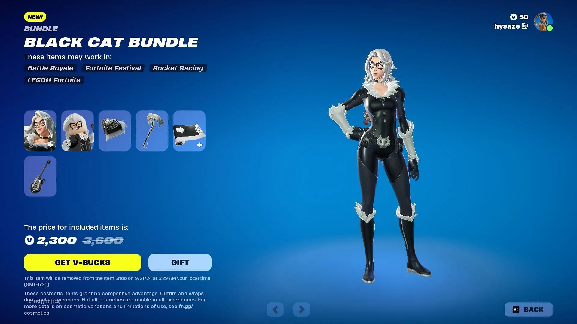 A skin Black Cat permanecerá listada até 21 de setembro de 2024 (Imagem via Epic Games)