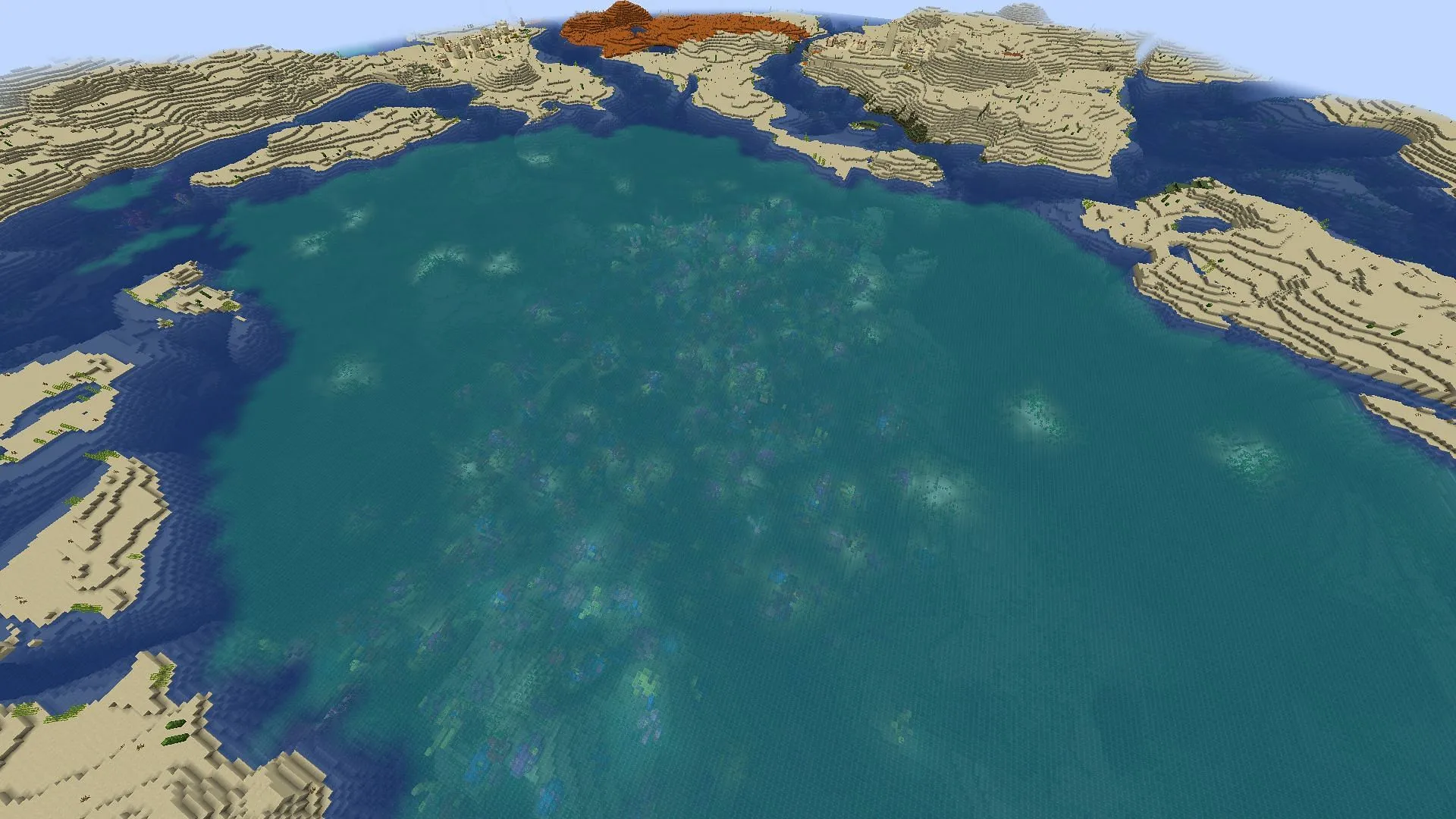 Le lac rempli de corail de cette graine Minecraft a quelques secrets (Image via Mojang)