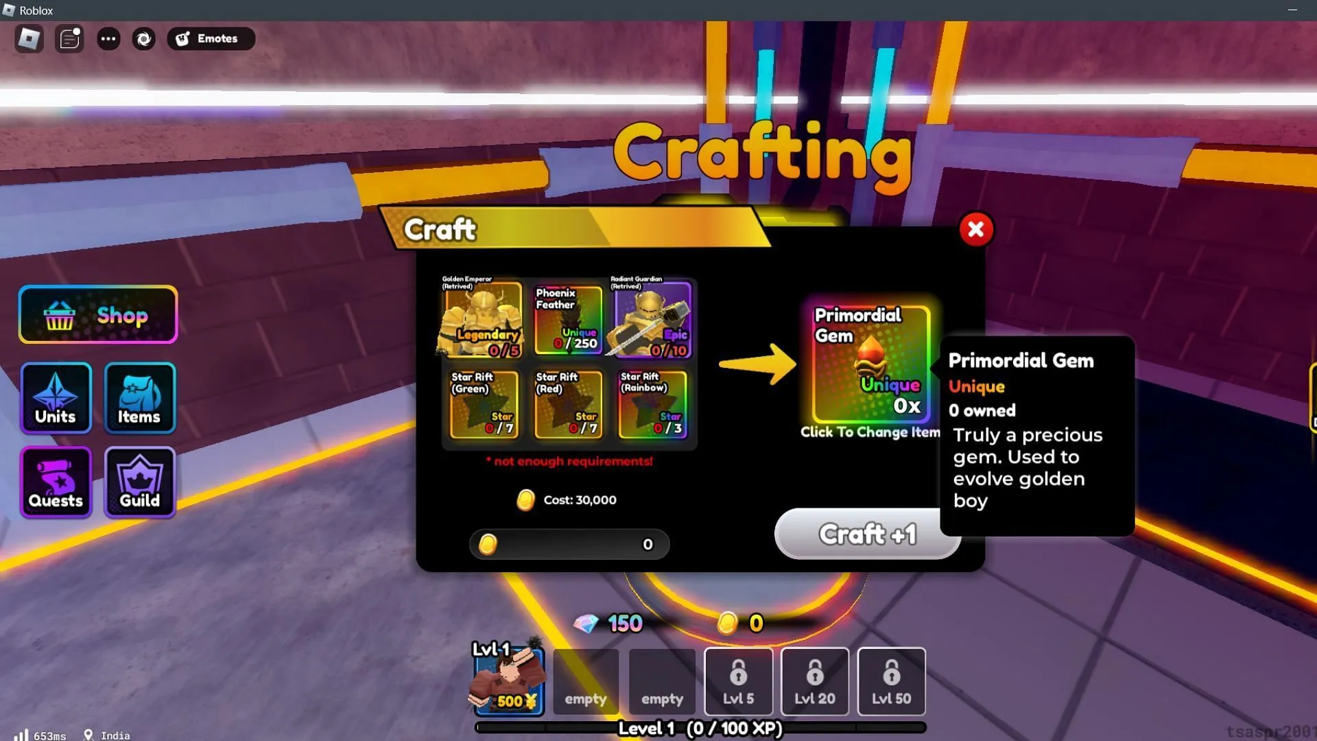 Craft a Primordial Gem to evolve Golden Boy (Image via Roblox)