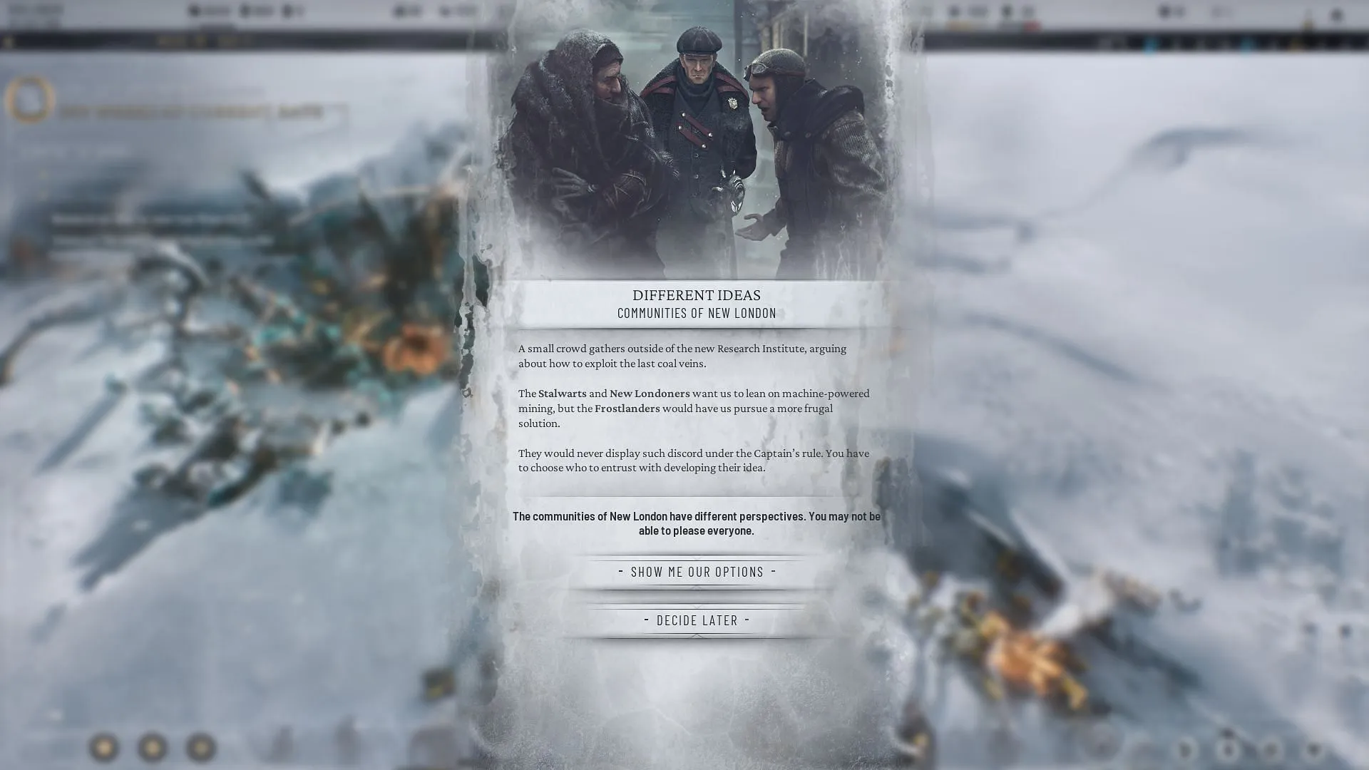 Factions providing Ideas after players unlock and use the Idea Tree in Frostpunk 2 (Image via 11 Bit Studios)