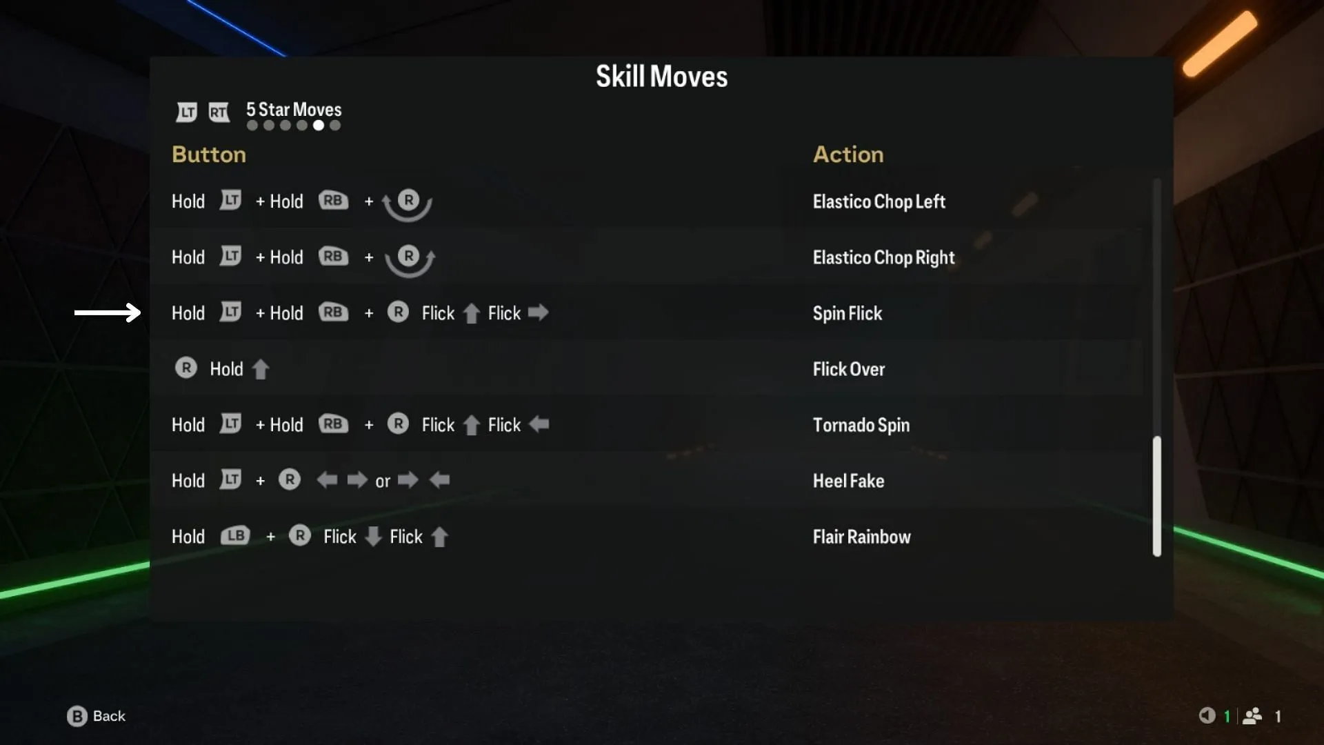 Button combinations to perform a Spin Flick (Image via EA Sports)