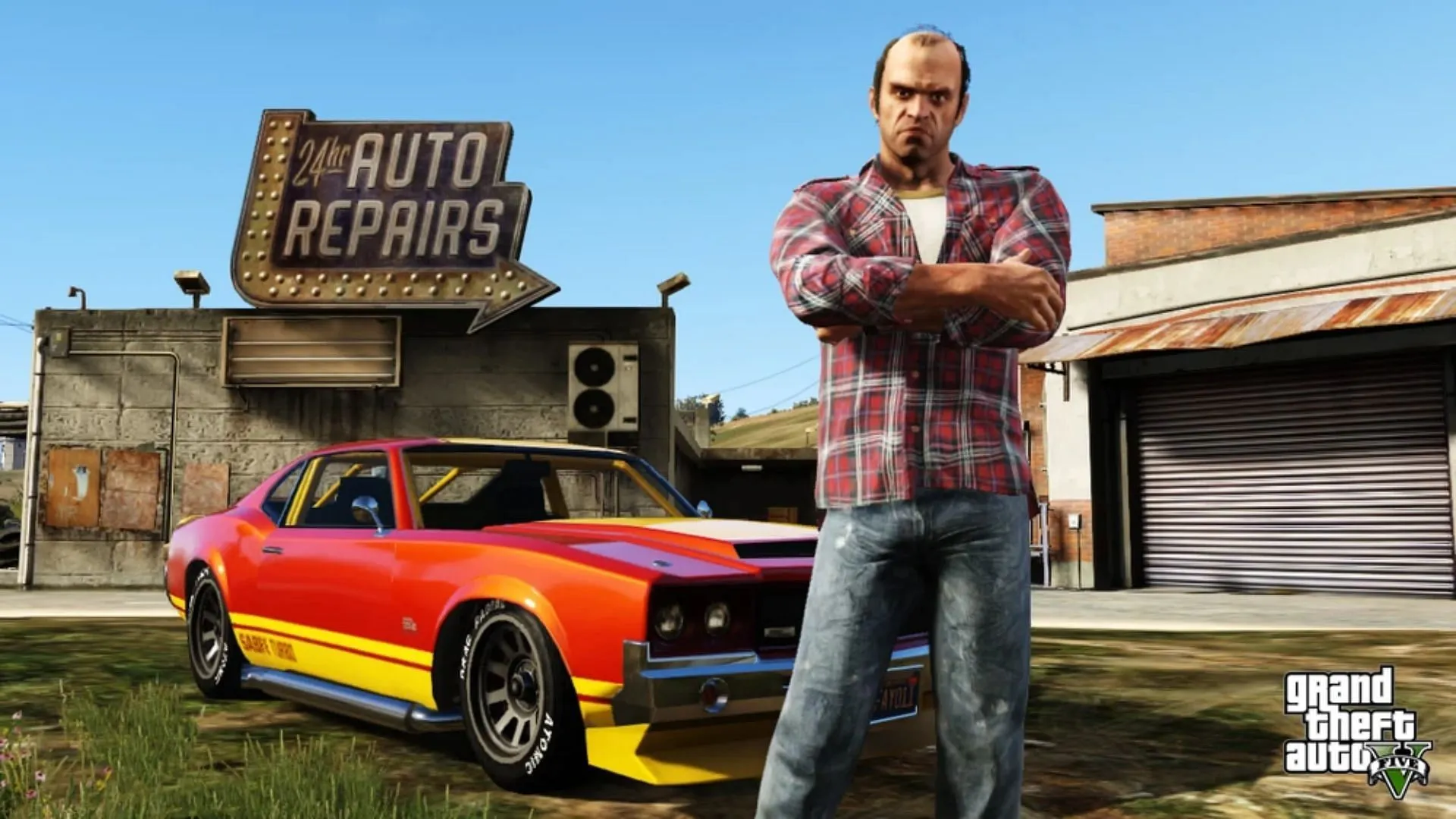 Grand Theft Auto 5 스토리 모드에서 Los Santos Customs(Blaine County) 앞에 선 Trevor Philips(Rockstar Games에서 제공한 이미지)