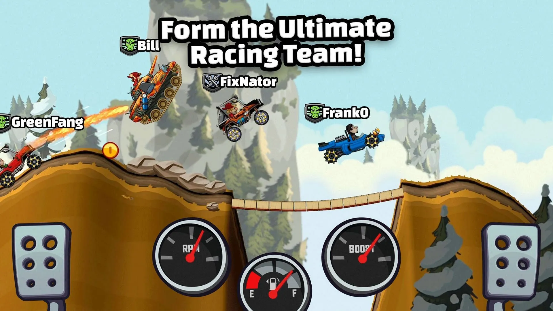 Hill Climb Racing 2에는 자전거부터 탱크까지 30개가 넘는 차량이 잠금 해제되고 업그레이드됩니다(이미지 출처: Fingersoft)