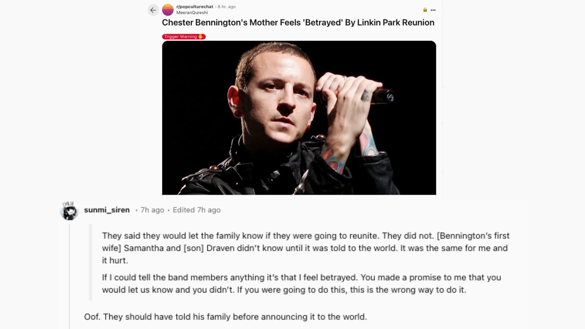 A fan comments on Chester Bennington's mom feeling betrayed by Linkin Park (Image via @sunmi_siren/Reddit)