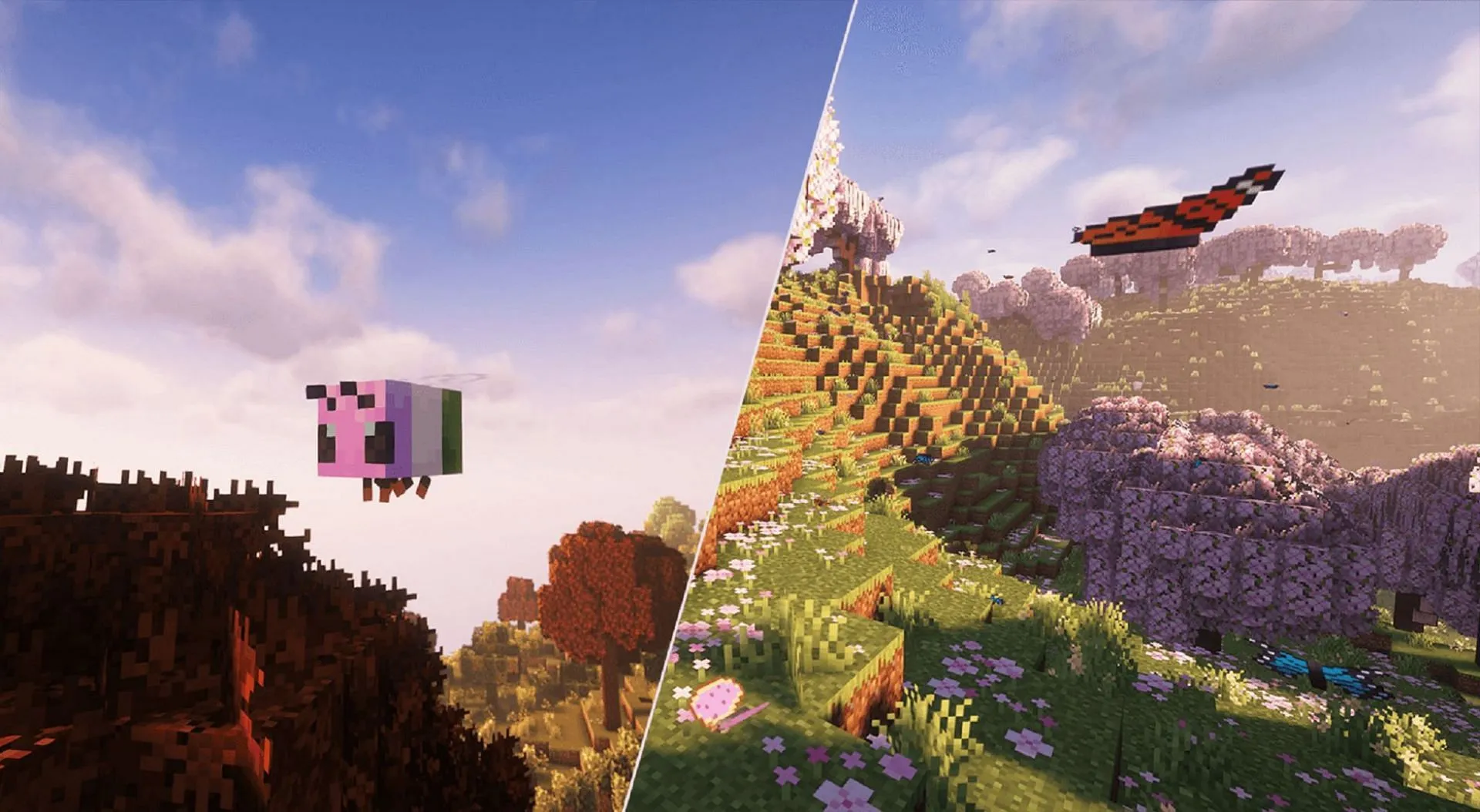 Abeilles et papillons tels qu'on les voit dans le modpack Cute Craft (Image via Bunee_z/CurseForge)