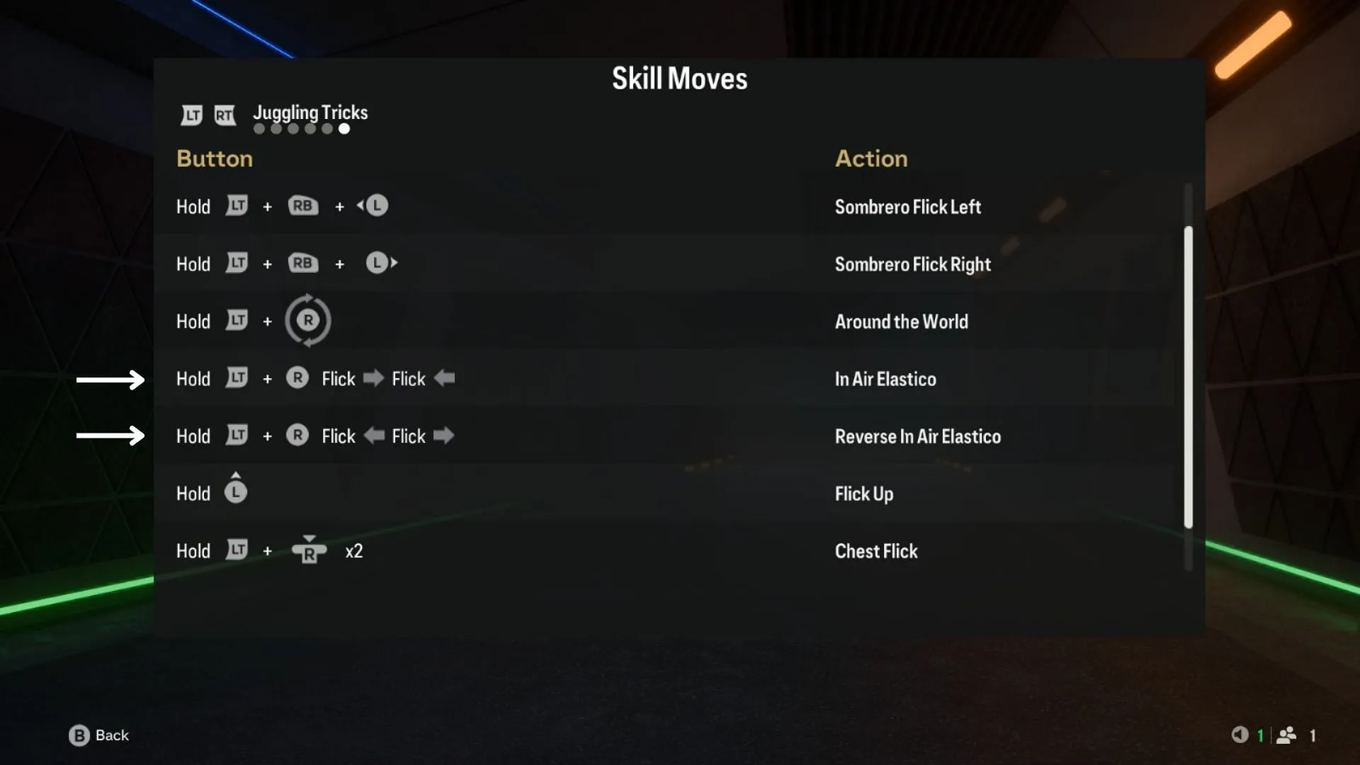 Combinaisons de boutons pour effectuer un In Air Elastico et un Reverse In Air Elastico (Image via EA Sports)