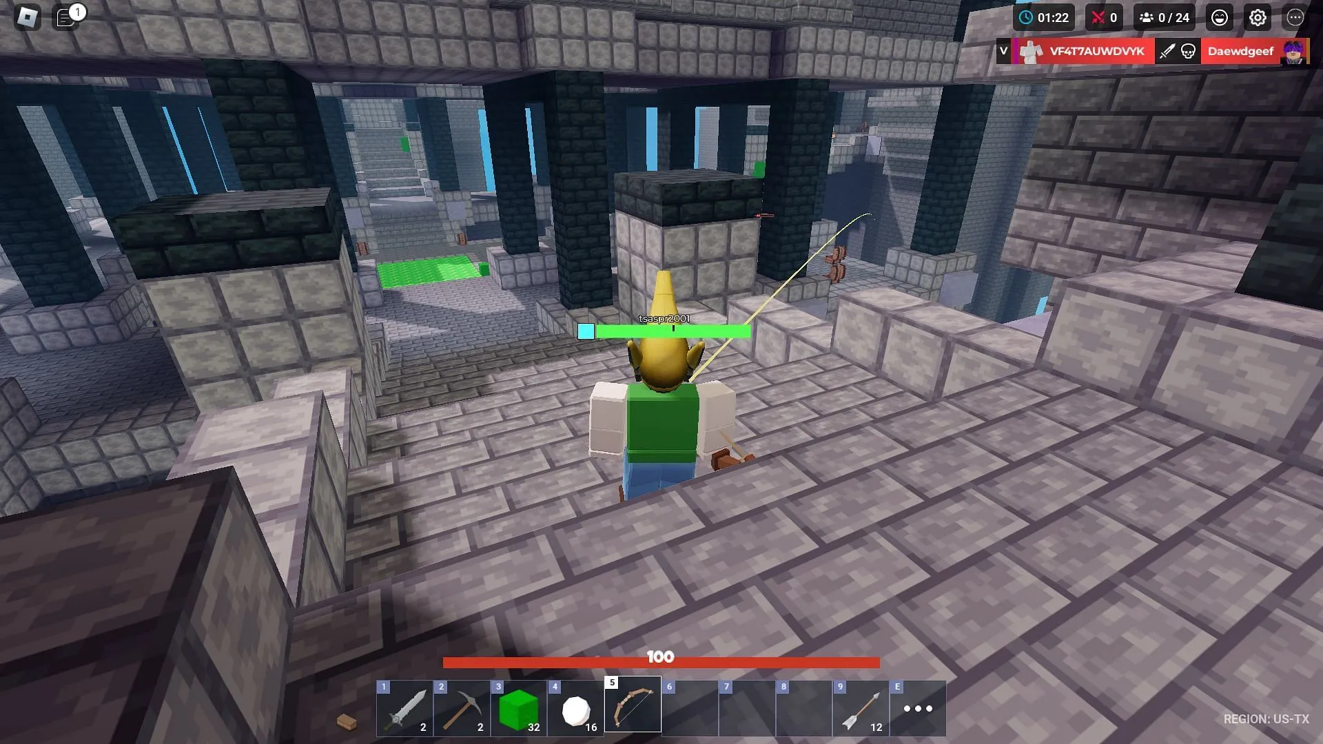 Usare un arco per danneggiare il nemico in SkyWars (immagine tramite Roblox)