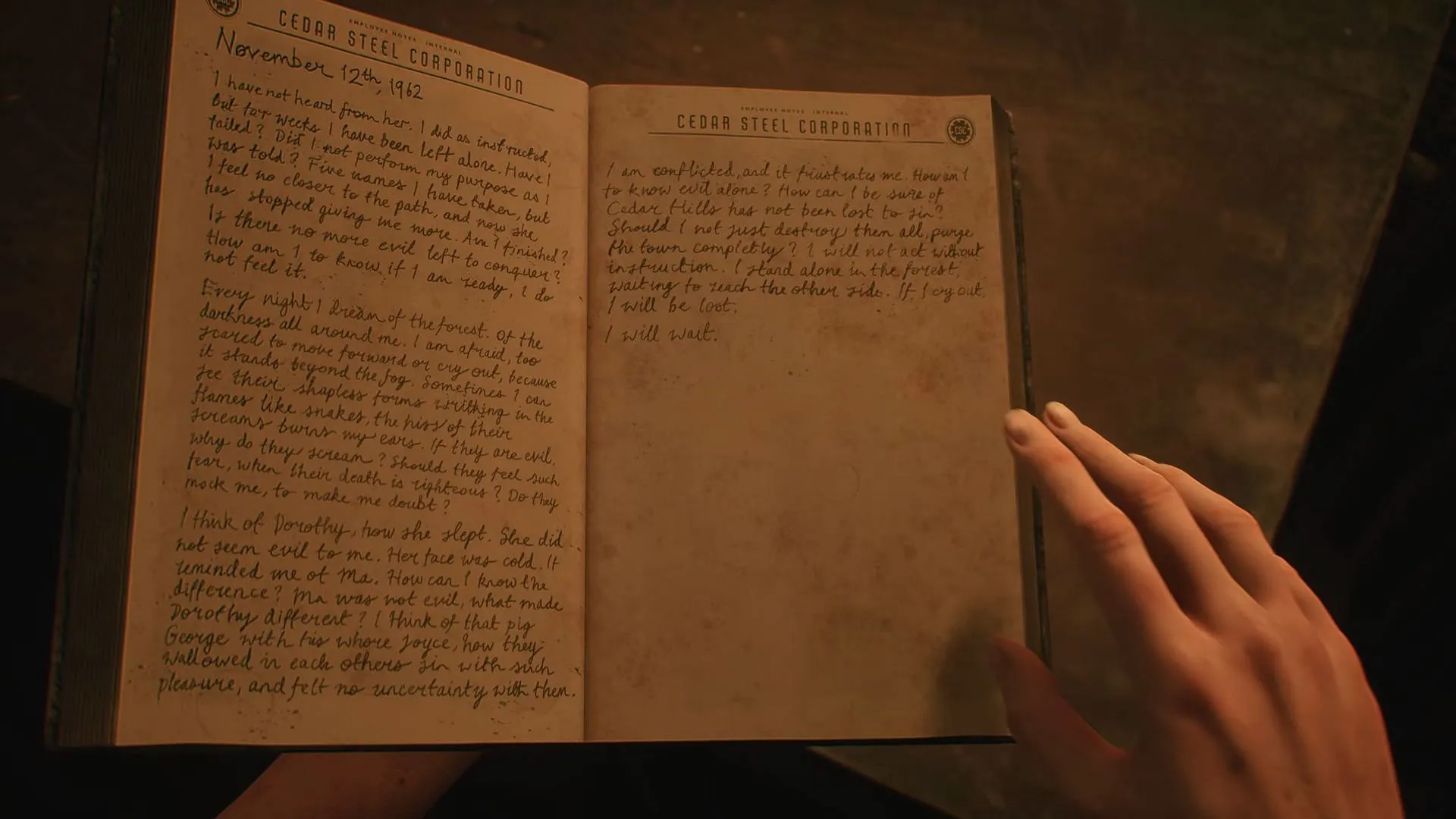 Le journal de Frank Stone sur lequel Linda met la main (Image via Behaviour Interactive)