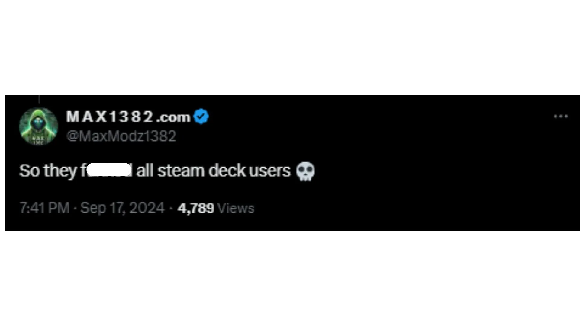 Uma captura de tela da reação de @MaxModz1382 às notícias sobre a incompatibilidade do Steam Deck nas redes sociais (Imagem via X)