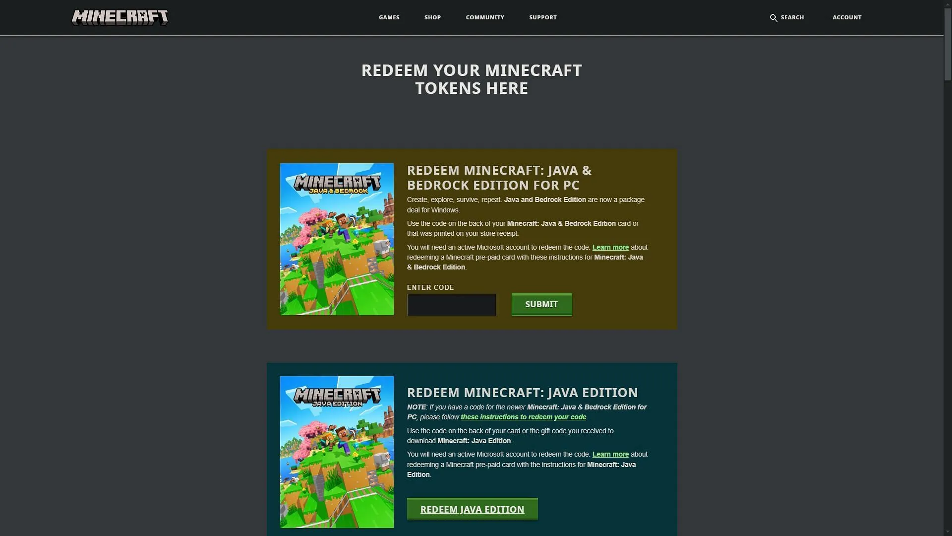 Resgate o código promocional na página oficial de resgate (Imagem via Mojang Studios)