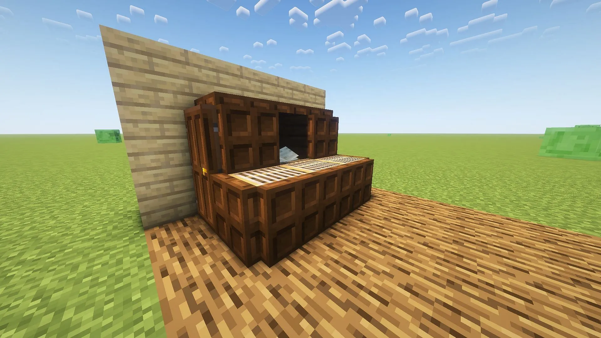 The basic structure of a Minecraft piano using dark oak wood blocks (Image via Mojang)