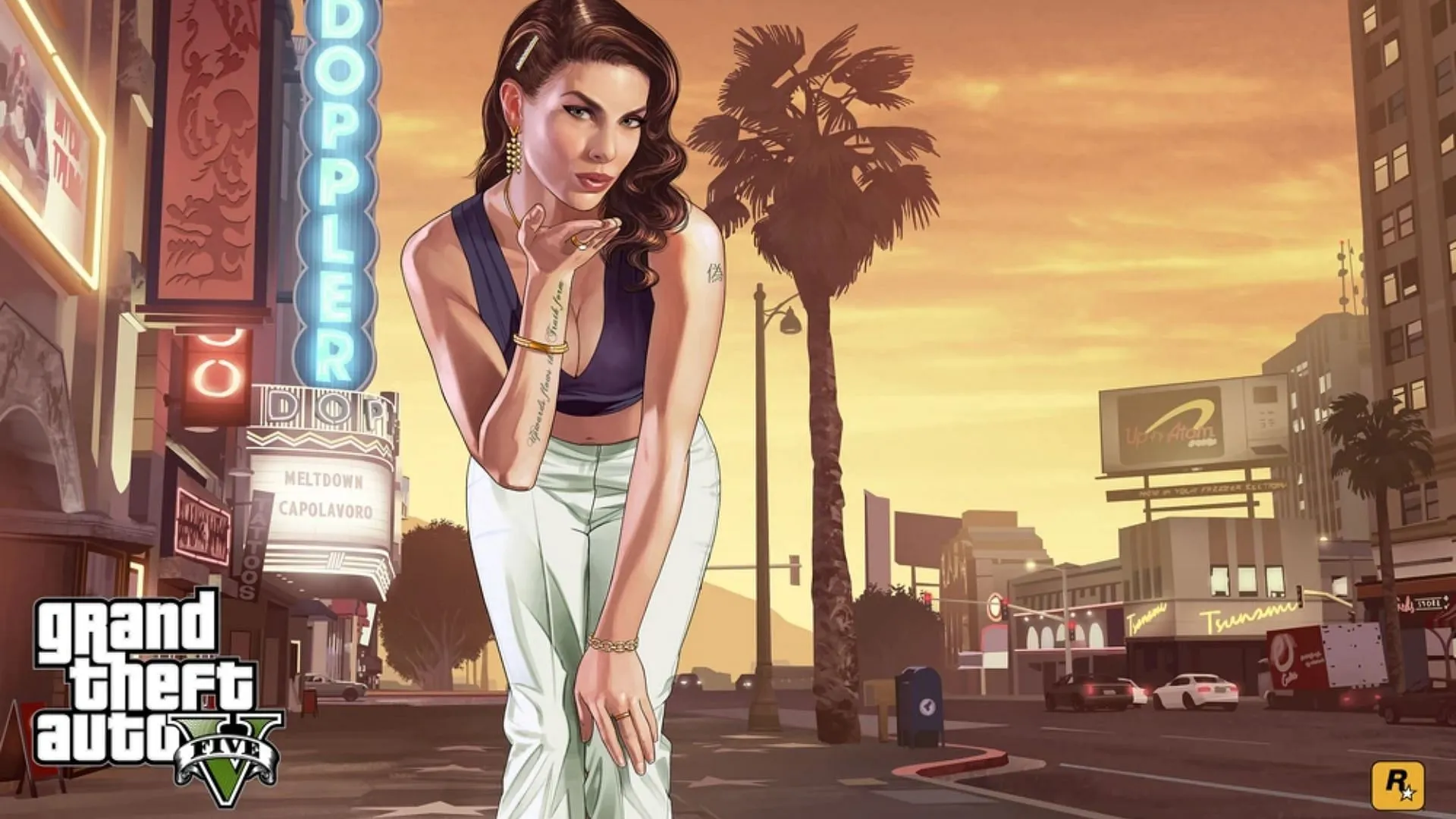 Una ilustración oficial que presenta el negocio de Doppler Cinema en el modo historia de Grand Theft Auto 5 (imagen a través de Rockstar Games)