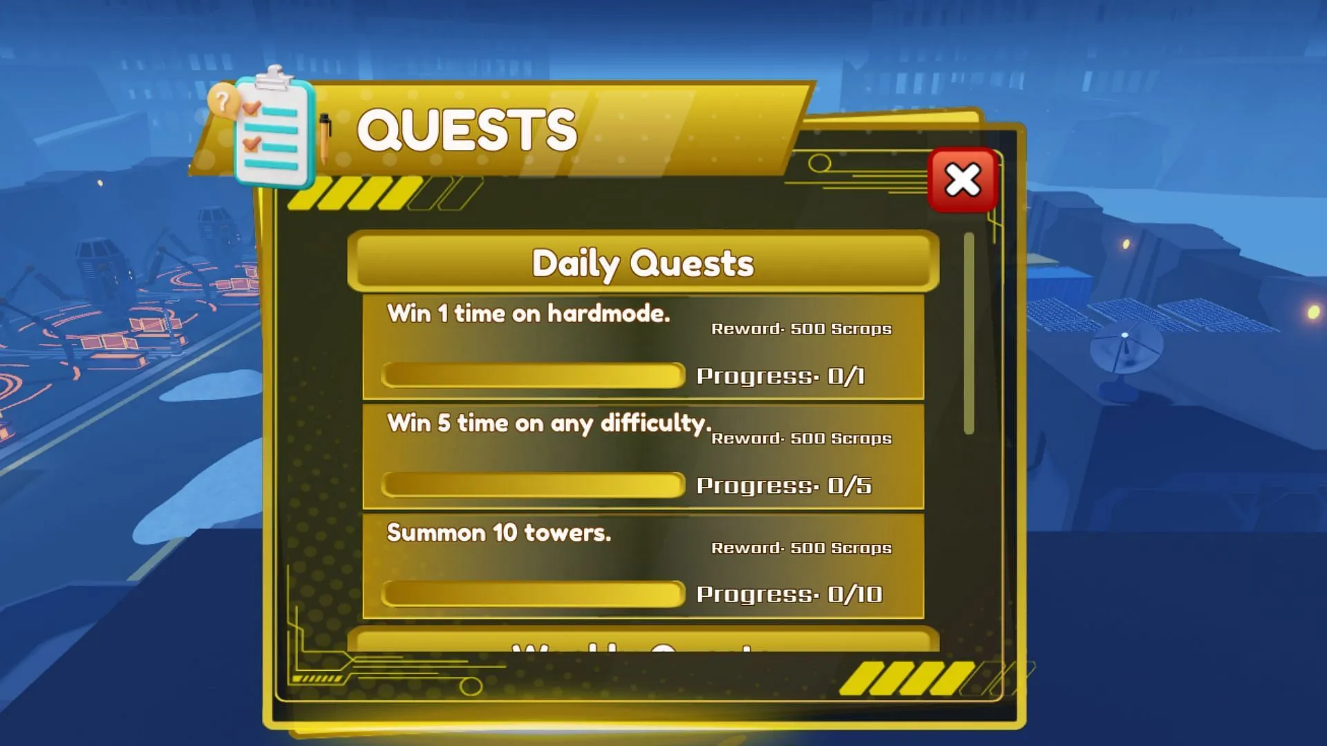 Complete daily quests for rewards in Murder Drones Tower Defense (Image via Roblox)