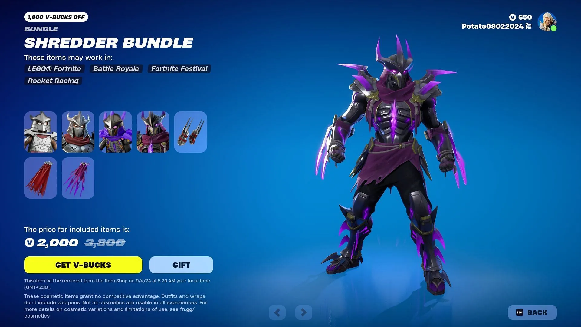 Le skin di Shredder rimarranno in vendita fino al 4 settembre 2024 (immagine tramite Epic Games)