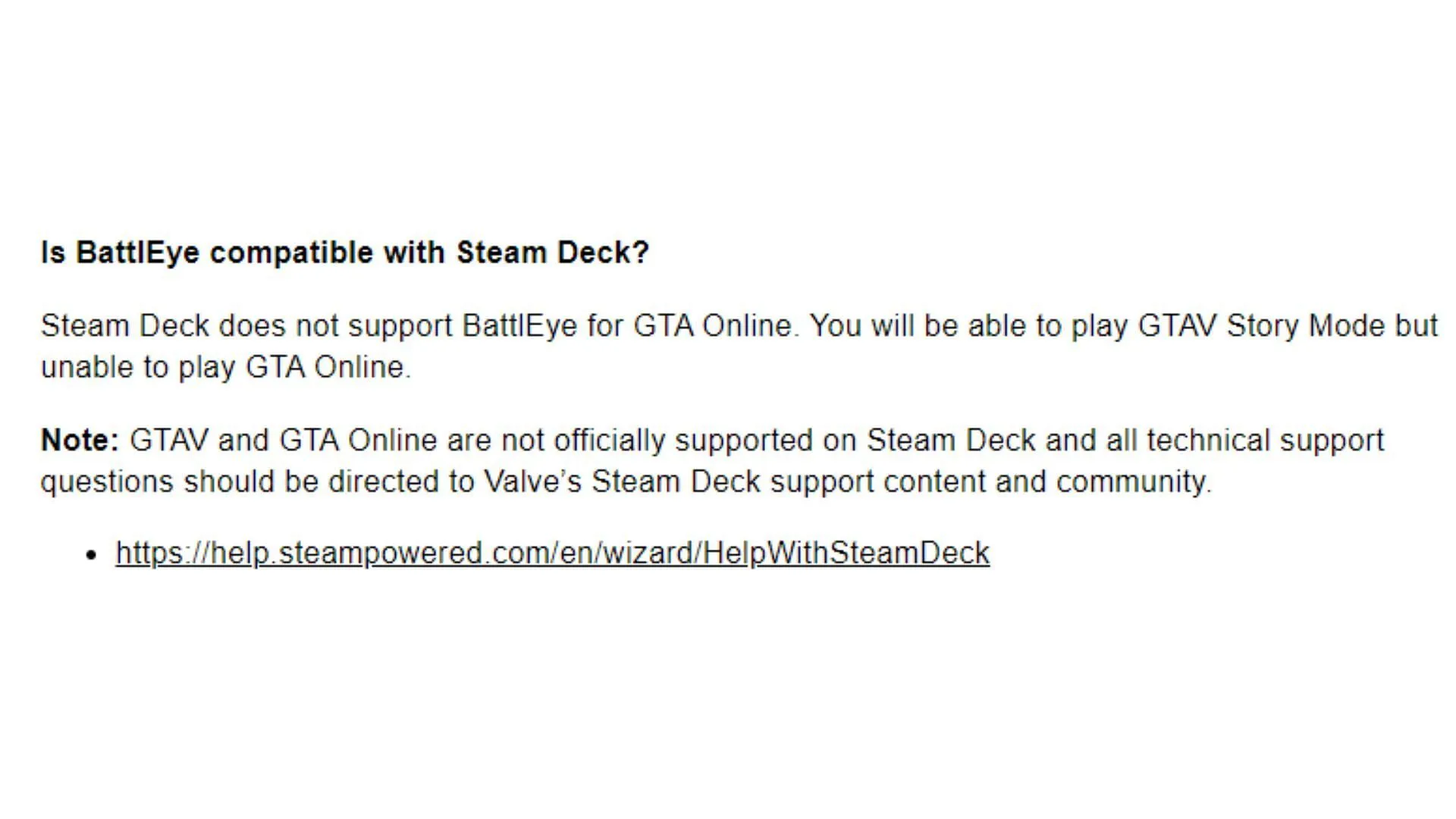 A screenshot of Rockstar Games Support page regarding Steam Deck compatibility (Image via Rockstar Games Support)