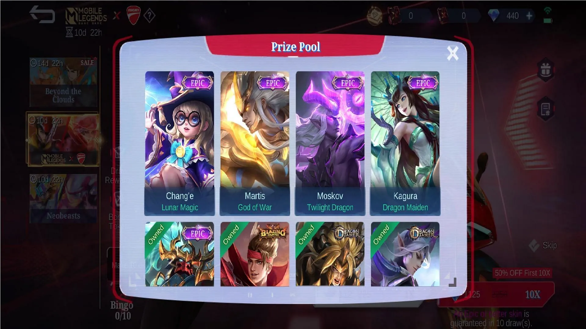 La cagnotte de l'événement Mobile Legends Bang Bang Ducati comprend de nombreux skins (Image via Moonton Games)