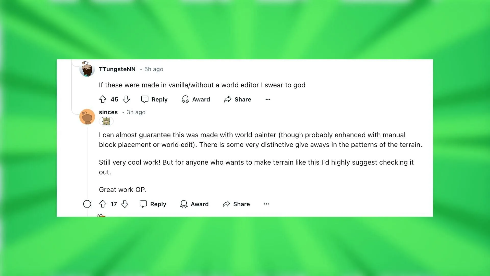 Reddit がこのビルドに反応 (画像: Reddit/octavian_world/Mojang Studios)
