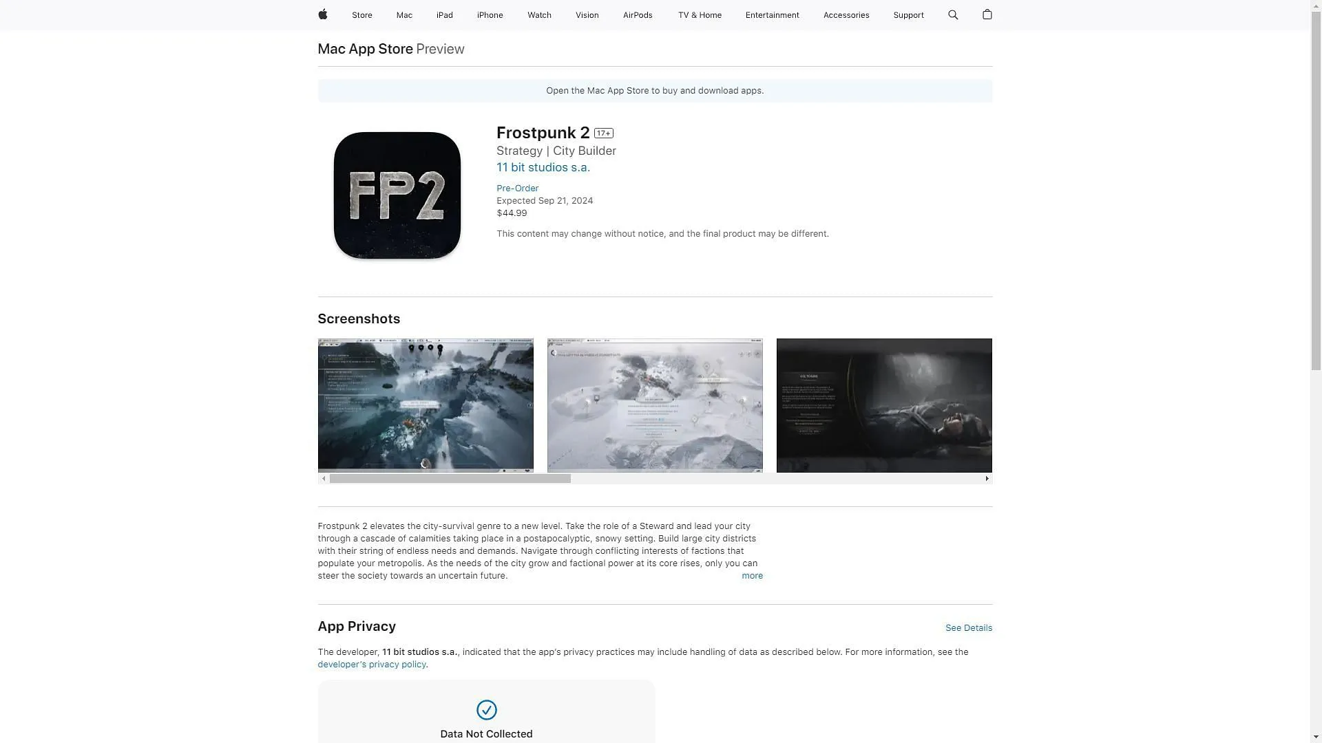 Compre Frostpunk 2 para Mac na Apple Store (Imagem via Apple)