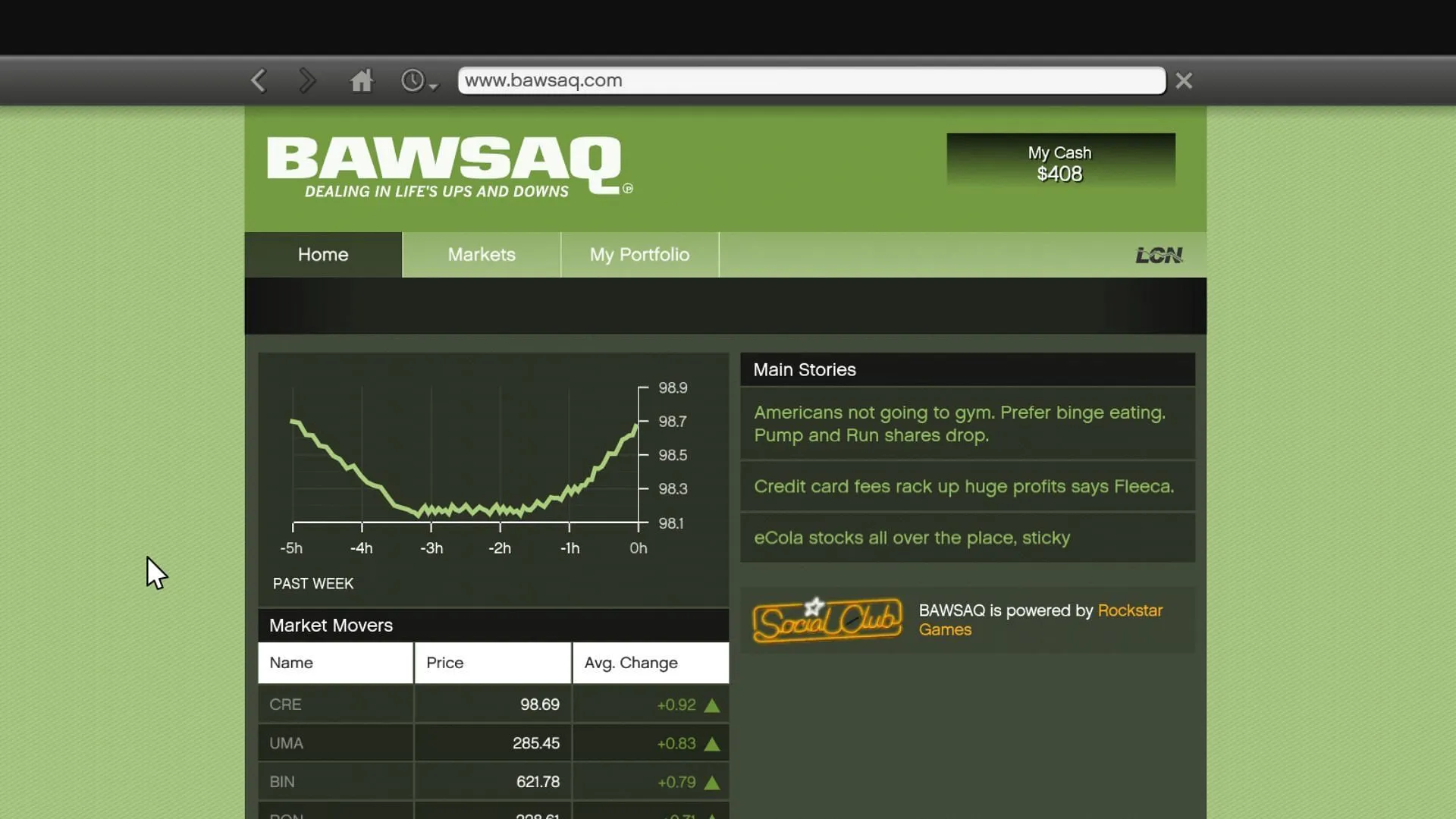 The front page of the BAWSAQ stock market in Grand Theft Auto 5 (Image via Rockstar Games)