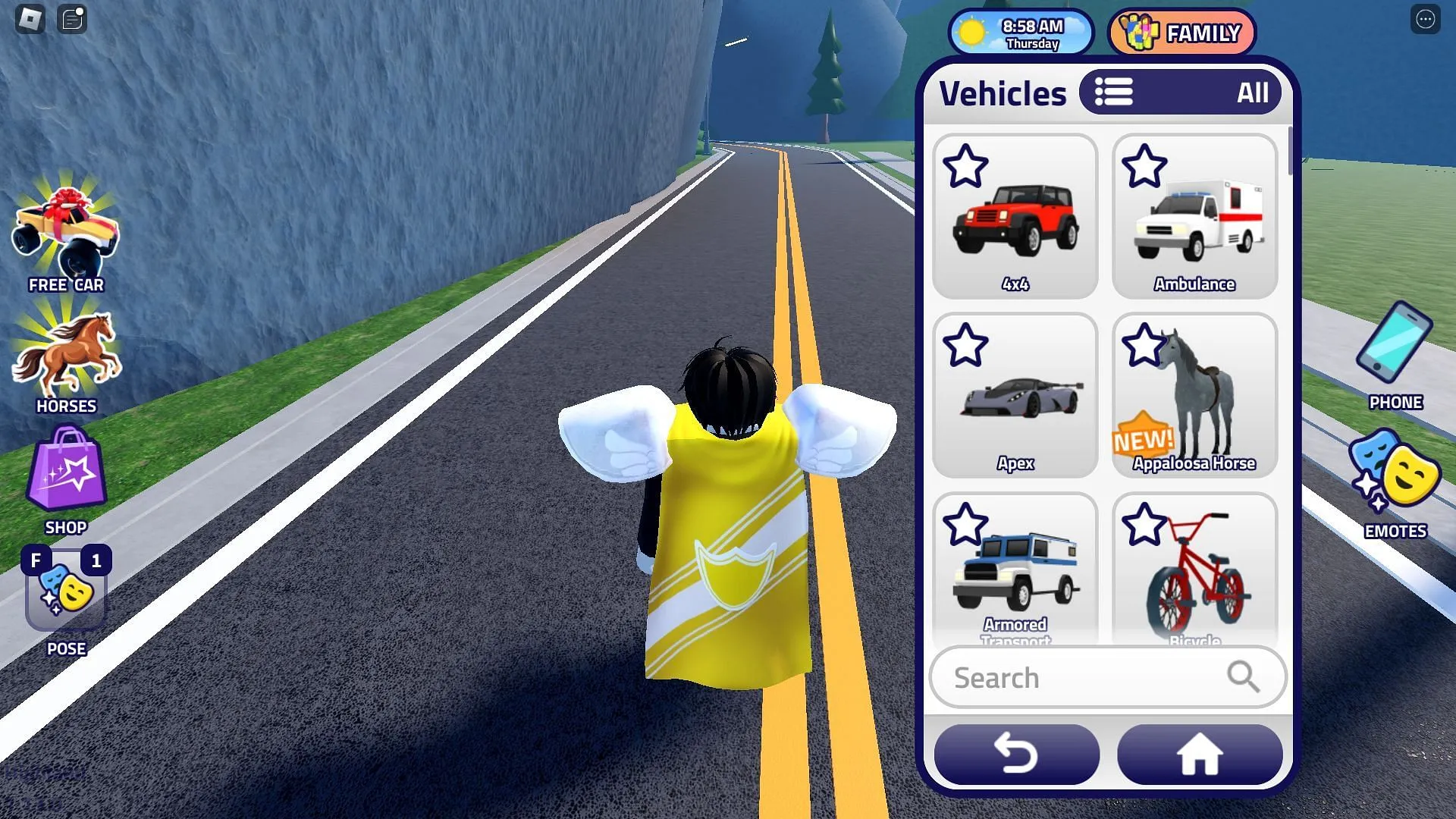 Vehicle select screen (Image via Roblox)